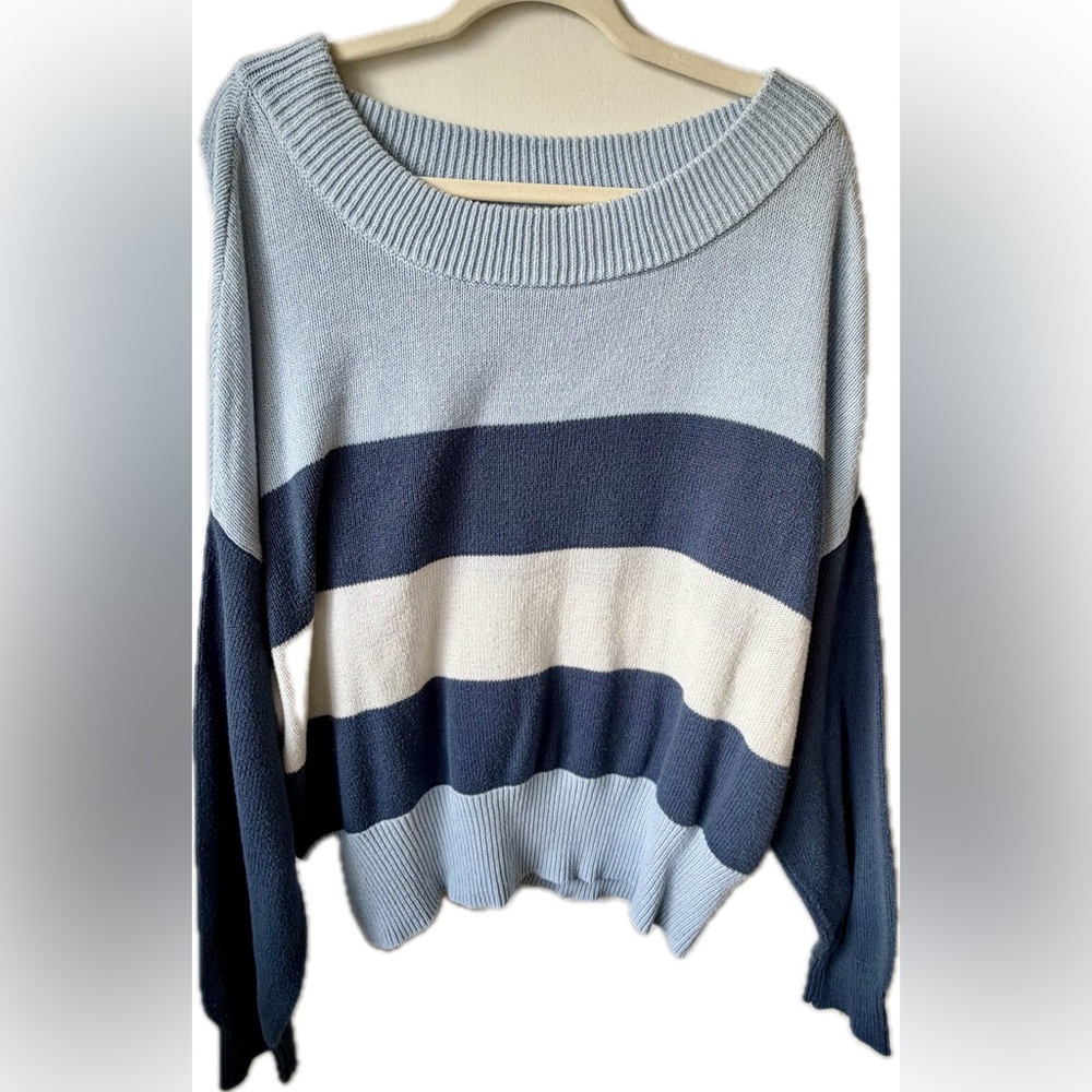 Lucky Brand Blue Stripe Cotton Knit Sweater XL Coastal Oversized